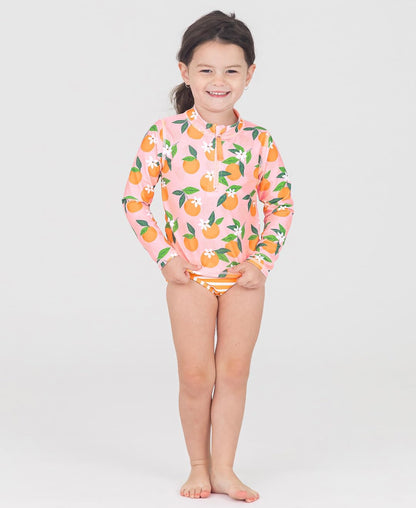 RuffleButts® Baby/Toddler Girls Long Sleeve Rash Guard 2 Piece Swimsuit Set w/UPF 50+ Sun Protection with Zipper