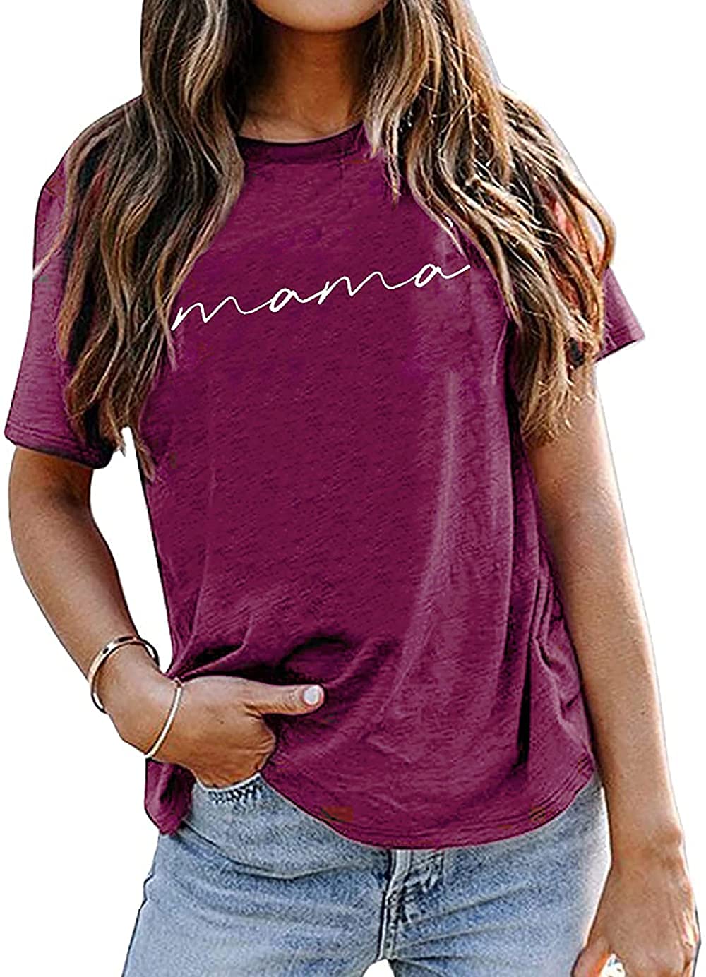 ASTANFY Mama Shirts Women Mama Letter Printed T-Shirt Mama Graphic Tee Casual Short Sleeve Tops Tee