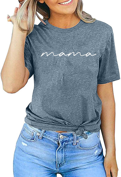 ASTANFY Mama Shirts Women Mama Letter Printed T-Shirt Mama Graphic Tee Casual Short Sleeve Tops Tee