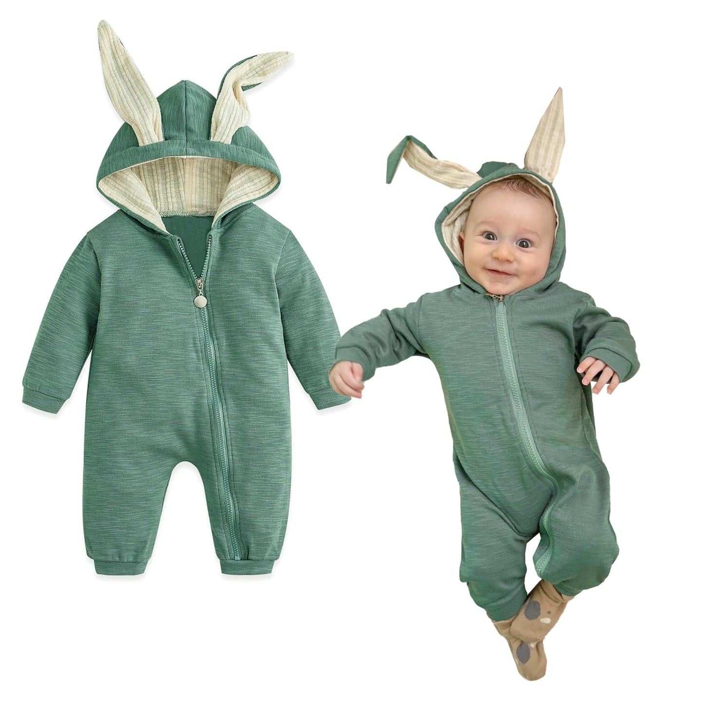 Simplee kids Animal Bunny Baby Easter Romper Long Ear Rabbit Hoodie Romper Jumpsuit with Zipper