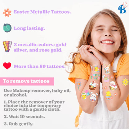 Easter Temporary Tattoos Party Favors for Kids 4 Metallic Sheets, Egg Gifts Party Supplies for Toddlers, girls, boys, Bulk Easter Basket Stuffers Fillers, Religious Goodie Bags Toys. Class Games Prizes. Rose gold, Gold & Silver