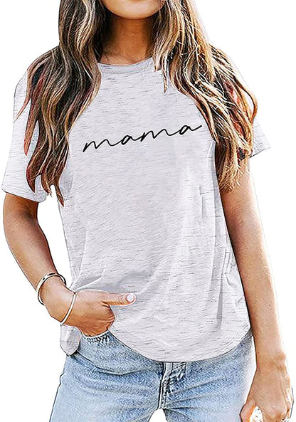 ASTANFY Mama Shirts Women Mama Letter Printed T-Shirt Mama Graphic Tee Casual Short Sleeve Tops Tee