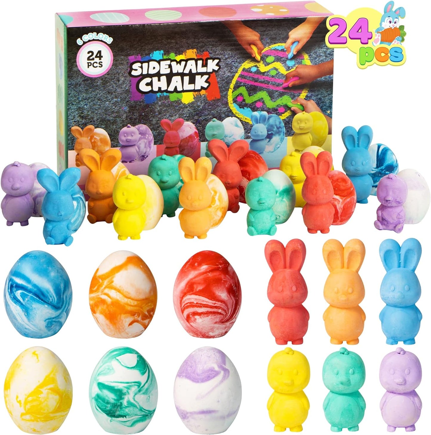 JOYIN 24 Pcs Easter Sidewalk Chalk Set, Easter Eggs Bunny Chicken Gifts for Boys Girls Kids Toddlers for Basket Stuffers Fillers Party Favors