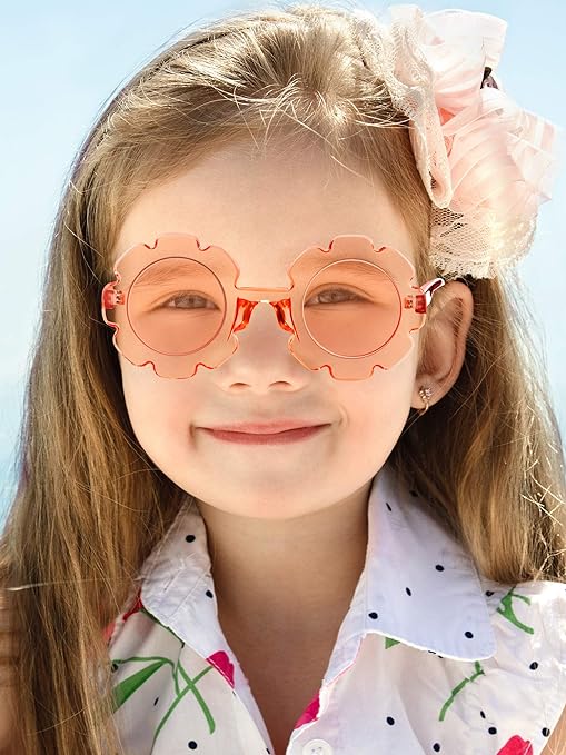 4 Pairs Kids Flower Shaped Sunglasses Round with 4 Pack Glasses Cloth 4 Pack Flannel Bag for Toddler Baby Girls Boys Party Favor