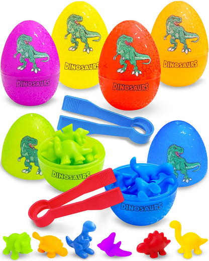 6 Pack Dinosaur Eggs Prefilled Plastic Easter Eggs with Toys Inside Filled, Toddlers Easter Basket Stuffers Egg Fillers Gifts Party Favors Counting Montessori Toys for Kids Boys Girls