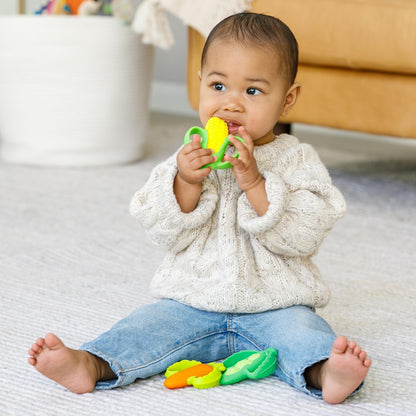 Infantino Lil' Nibbles Textured Silicone Baby Teether - Sensory Exploration and Teething Relief with Easy to Hold Handles, Orange Carrot, 0+ Months