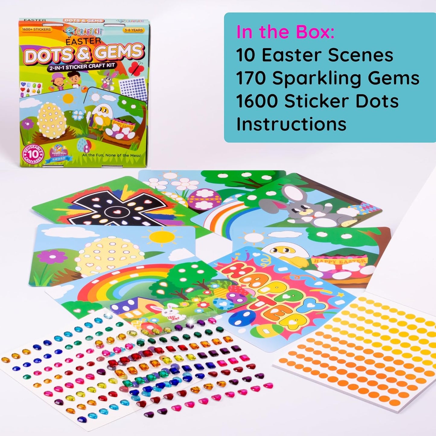 Craftikit® 10 Dots & Gems Easter Crafts for Kids Ages 3-5, Kids Gem Art & Dot Stickers for Toddlers Activities, Preschool Easter Bunny Basket Stuffers, Easter Gifts for Girls and Boys