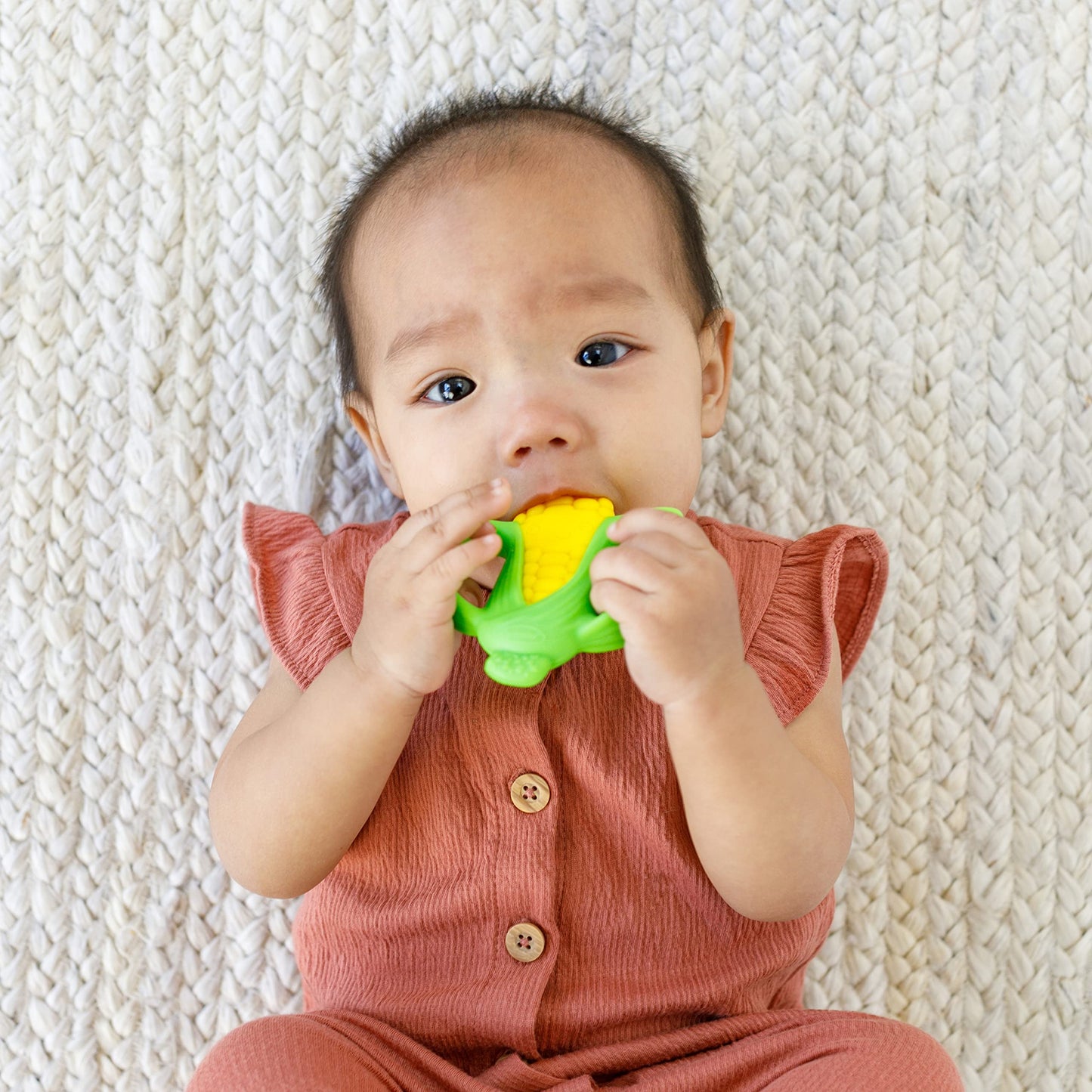 Infantino Lil' Nibbles Textured Silicone Baby Teether - Sensory Exploration and Teething Relief with Easy to Hold Handles, Orange Carrot, 0+ Months