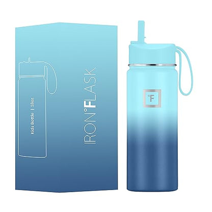 IRON °FLASK Kids Water Bottle - 14 Oz, Straw Lid, 20 Name Stickers, Vacuum Insulated Stainless Steel, Double Walled Tumbler Travel Cup, Thermo Mug - Valentines Day Gifts - Monsters Crew