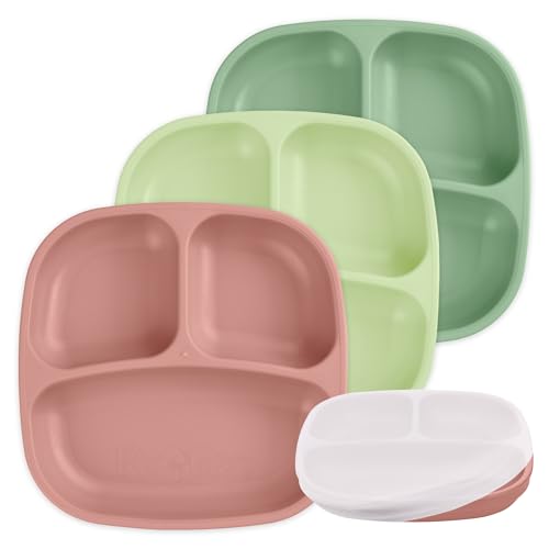 Re-Play Made in USA 7" Deep Walled Divided Plates for Kids, Set of 3 Without Lid - Reusable 3 Compartment Plates, Dishwasher and Microwave Safe - 7.37" x 7.37" x 1.25", Modern Aqua