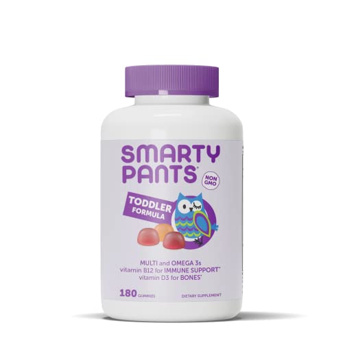 SmartyPants Organic Toddler Multivitamin Gummies: Probiotics, Omega 3 (ALA), Vitamin D3, C, Vitamin B12, B6, Vitamin A, K & Zinc, Gluten Free, Three Fruit Flavors, 60 Count (30 Day Supply)