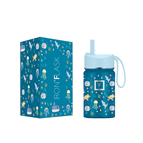 IRON °FLASK Kids Water Bottle - 14 Oz, Straw Lid, 20 Name Stickers, Vacuum Insulated Stainless Steel, Double Walled Tumbler Travel Cup, Thermo Mug - Valentines Day Gifts - Monsters Crew