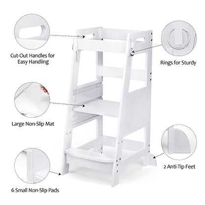 TOETOL Bamboo Toddler Step Stool Grey Learning Standing Helper Tower for Toddlers Kitchen Stools Counter 3 Height Adjustable Helper with Non-Slip Mat