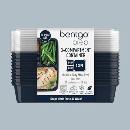 Bentgo® Prep 3-Compartment Containers - 20-Piece Meal Prep Kit with 10 Trays & 10 Custom-Fit Lids - Durable Microwave, Freezer, Dishwasher Safe Reusable BPA-Free Food Storage Containers (Silver)