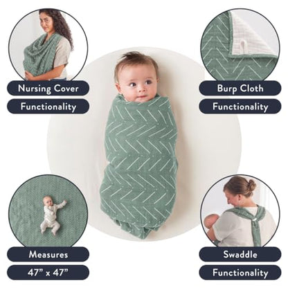 Itzy Ritzy Breastfeeding Boss Multi-Use Cover – A Nursing Cover, Swaddle, Car Seat Cover, Tummy Time Mat and Burp Cloth All in One – Made of Muslin Fabric & Measures 47” x 47”, Sage Mudcloth