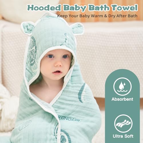 Toddler Towels with Hood, 2-Pack Absorbent Hooded Baby Bath Towels for Boy Girl, Soft 50'' x 32'' Toddler Bath Towels Baby Towels with Hood, Thick Baby Hooded Towels for Toddlers Kid (Green&White)