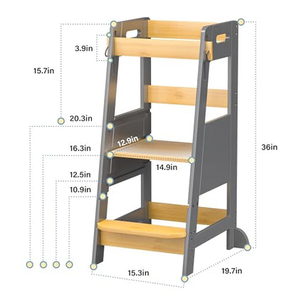 TOETOL Bamboo Toddler Step Stool Grey Learning Standing Helper Tower for Toddlers Kitchen Stools Counter 3 Height Adjustable Helper with Non-Slip Mat