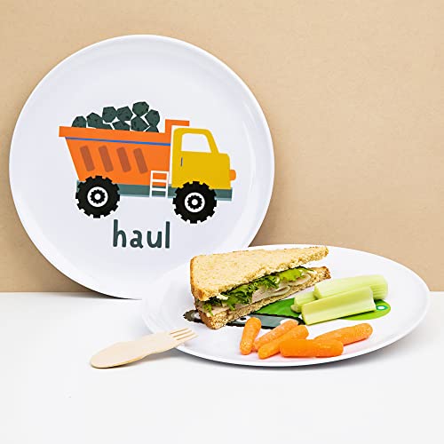 Tiny Expressions – Construction Truck Plates for Kids with Colorful Vehicles | Set of 4 Melamine Dishes for Children