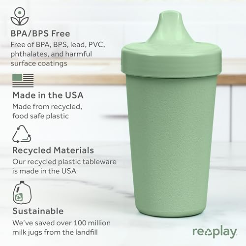 Re Play Made in USA 10 Oz. Sippy Cups for Toddlers (4-pack) Spill Proof Sippy Cup for 1+ Year Old - Dishwasher/Microwave Safe - Hard Spout Kids Cups with Lid 3.13" x 6.25" (Modern Mint)