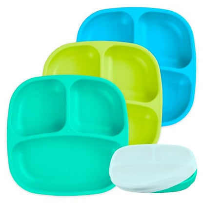 Re-Play Made in USA 7" Deep Walled Divided Plates for Kids, Set of 3 Without Lid - Reusable 3 Compartment Plates, Dishwasher and Microwave Safe - 7.37" x 7.37" x 1.25", Modern Aqua