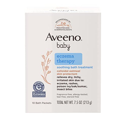 Aveeno Baby Eczema Therapy Soothing Bath Treatment for Relief of Dry, Itchy & Irritated Skin, Made with Natural Colloidal Oatmeal, Fragrance-, Paraben-, Steroid- & Tear-Free, 10 ct