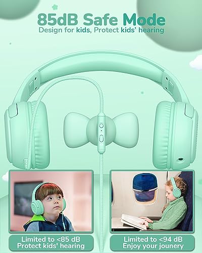 awatrue Kids Headphones for School Toddler Wired with Microphone Plug in Bulk Boys Headset Girls 3+ Year Old Green