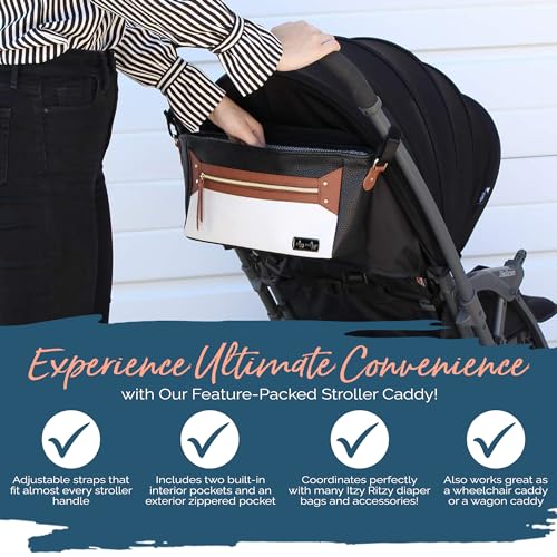 Itzy Ritzy Adjustable Stroller Caddy / Organizer - Stroller Organizer Bag Featuring Front Zippered Pocket, 2 Built-In Interior Pockets & Adjustable Straps to Fit Nearly Any Stroller (Coffee and Cream)