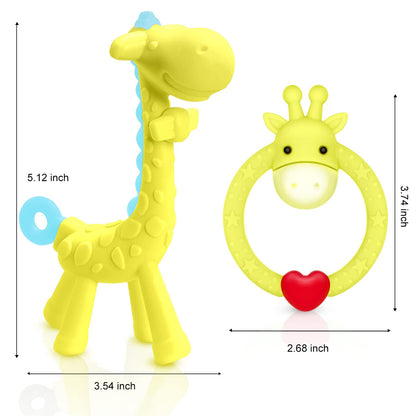 SHARE&CARE BPA Free Silicone Giraffe Baby Teether Toy with Storage Case, for 3 Months Above Infant Sore Gums Pain Relief and Baby Shower, Baby Teething Toys (Blue)