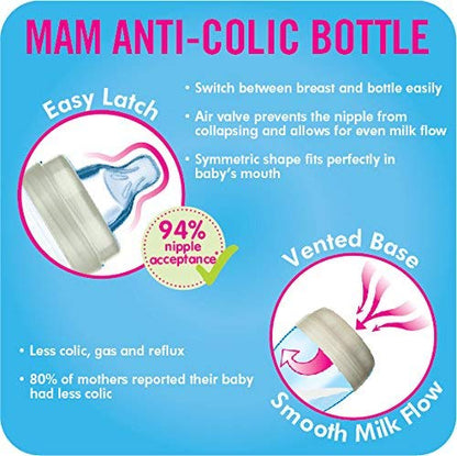 MAM Easy Start Anti-Colic Bottle , Baby Essentials, Medium Flow Bottles with Silicone Nipple, Baby Bottles for Baby Girl, Peach, 9 oz (3-Count)