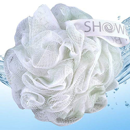 Loofah Soft-White-Cloud Bath-Sponge XL-75g-Set by Shower Bouquet: 4 Pack, Extra Large Mesh Pouf for Men and Women - Exfoliate with Big Gentle Cleanse Scrubber in Beauty Bathing Accessories