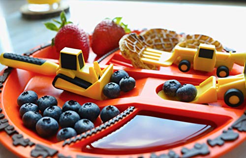 Constructive Eating Plate and Utensils Set Construction - Made in USA - Toddler Dinnerware, Kids Dinnerware and Utensils Set for Ages 1-3, Toddler Utensils 2 and 3 Year Old, Divided Toddler Plates