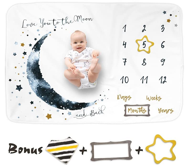 Luka&Lily Month Milestone Blanket- 60"x40" for Baby Boys - First Year Calendar Monthly Growth Chart, Moon - Shower Gifts