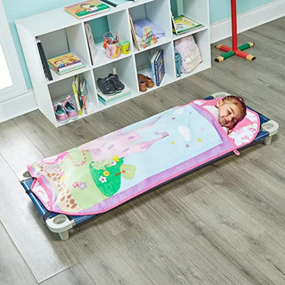 EVERYDAY KIDS Toddler Nap Mat with Removable Pillow -Princess Storyland- Carry Handle with Fastening Straps Closure, Rollup Design, Soft Microfiber for Preschool, Daycare, Sleeping Bag -Ages 2-6 years