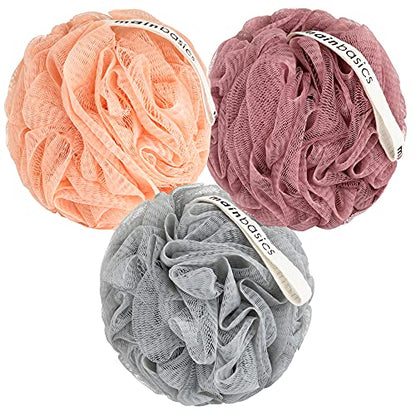 MainBasics Bath Shower Loofah Sponge Pouf Body Scrubber Exfoliator Body Wash Sponge (Set of 3, Airy Blossom)