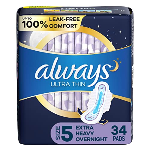 Always Maxi Feminine Pads for Women, Size 5 Extra Heavy Overnight Absorbency, with Wings, Unscented, 36 Count