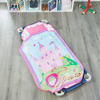 EVERYDAY KIDS Toddler Nap Mat with Removable Pillow -Princess Storyland- Carry Handle with Fastening Straps Closure, Rollup Design, Soft Microfiber for Preschool, Daycare, Sleeping Bag -Ages 2-6 years