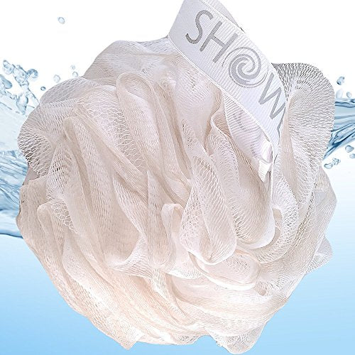 Loofah Soft-White-Cloud Bath-Sponge XL-75g-Set by Shower Bouquet: 4 Pack, Extra Large Mesh Pouf for Men and Women - Exfoliate with Big Gentle Cleanse Scrubber in Beauty Bathing Accessories