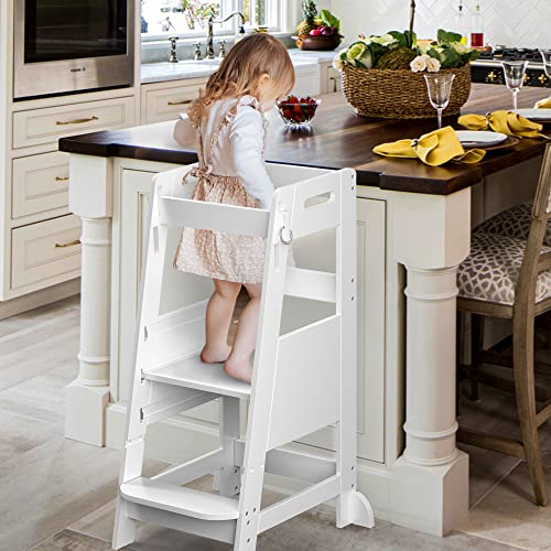 TOETOL Bamboo Toddler Step Stool Grey Learning Standing Helper Tower for Toddlers Kitchen Stools Counter 3 Height Adjustable Helper with Non-Slip Mat