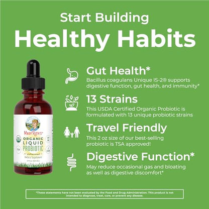 USDA Organic Liquid Probiotic by MaryRuth's | Digestive Health | Gut Health | Probiotics for Women | Probiotics for Men | Probiotics for Kids | Acidophilus Probiotic | Vegan | Non-GMO | 40 Servings