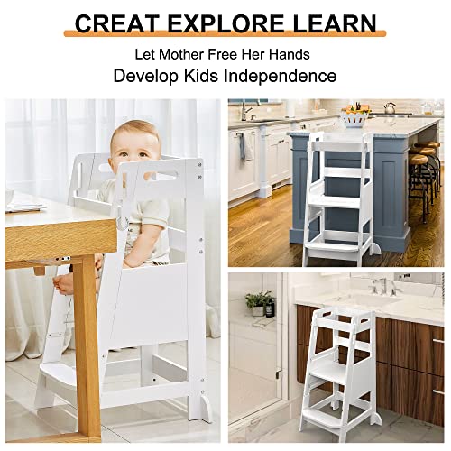 TOETOL Bamboo Toddler Step Stool Grey Learning Standing Helper Tower for Toddlers Kitchen Stools Counter 3 Height Adjustable Helper with Non-Slip Mat