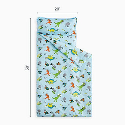 Wake In Cloud - Toddler Nap Mat with Pillow and Blanket, 100% Cotton Fabric, for Kids Boys Girls in Daycare Kindergarten Preschool, Cute Dinosaur Cartoon on Navy