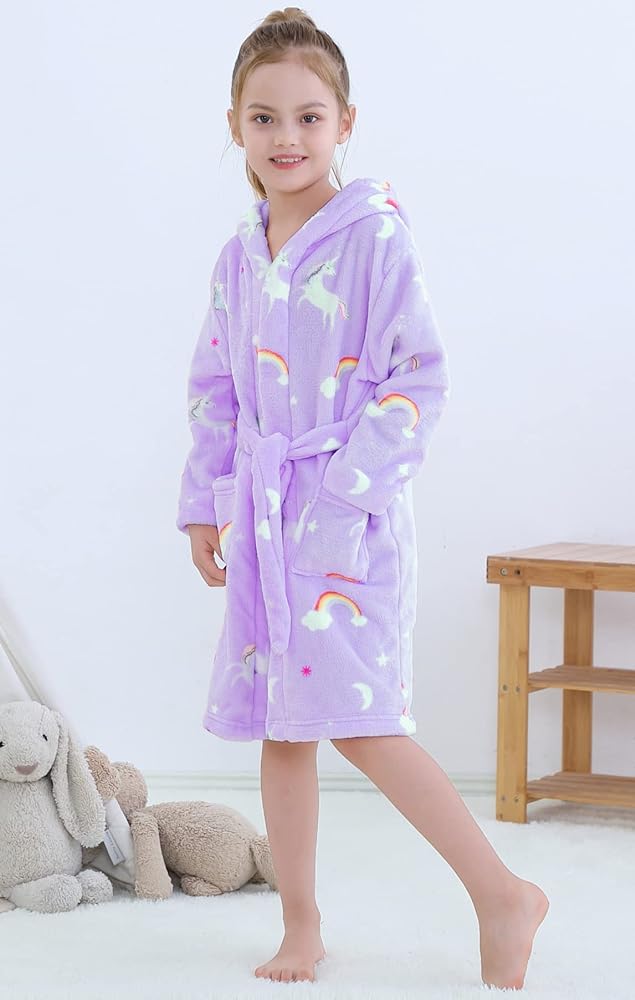 Umeyda Girls Fleece Hooded Robes, Warm Printed Bath Robe for Kids Soft Fuzzy Bathrobe for Gifts, 1-12 Years