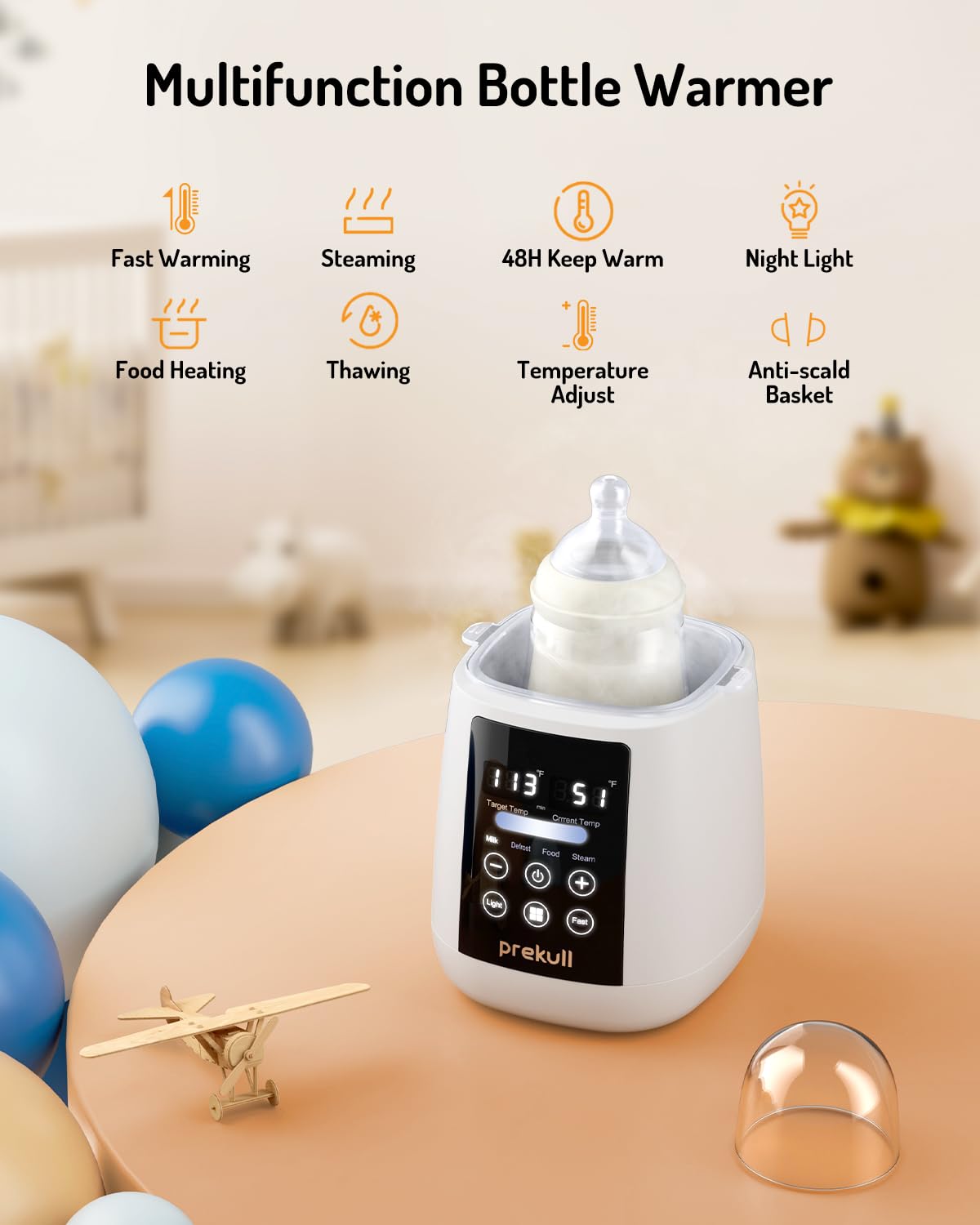 Bottle Warmer, prekull Fast Baby Bottle Warmer for Breastmilk, Formula with Accurate Temp Control, 48H Thermostat Baby Milk Warmer with Thaw, Night Light, Bottle Warmers for All Bottles