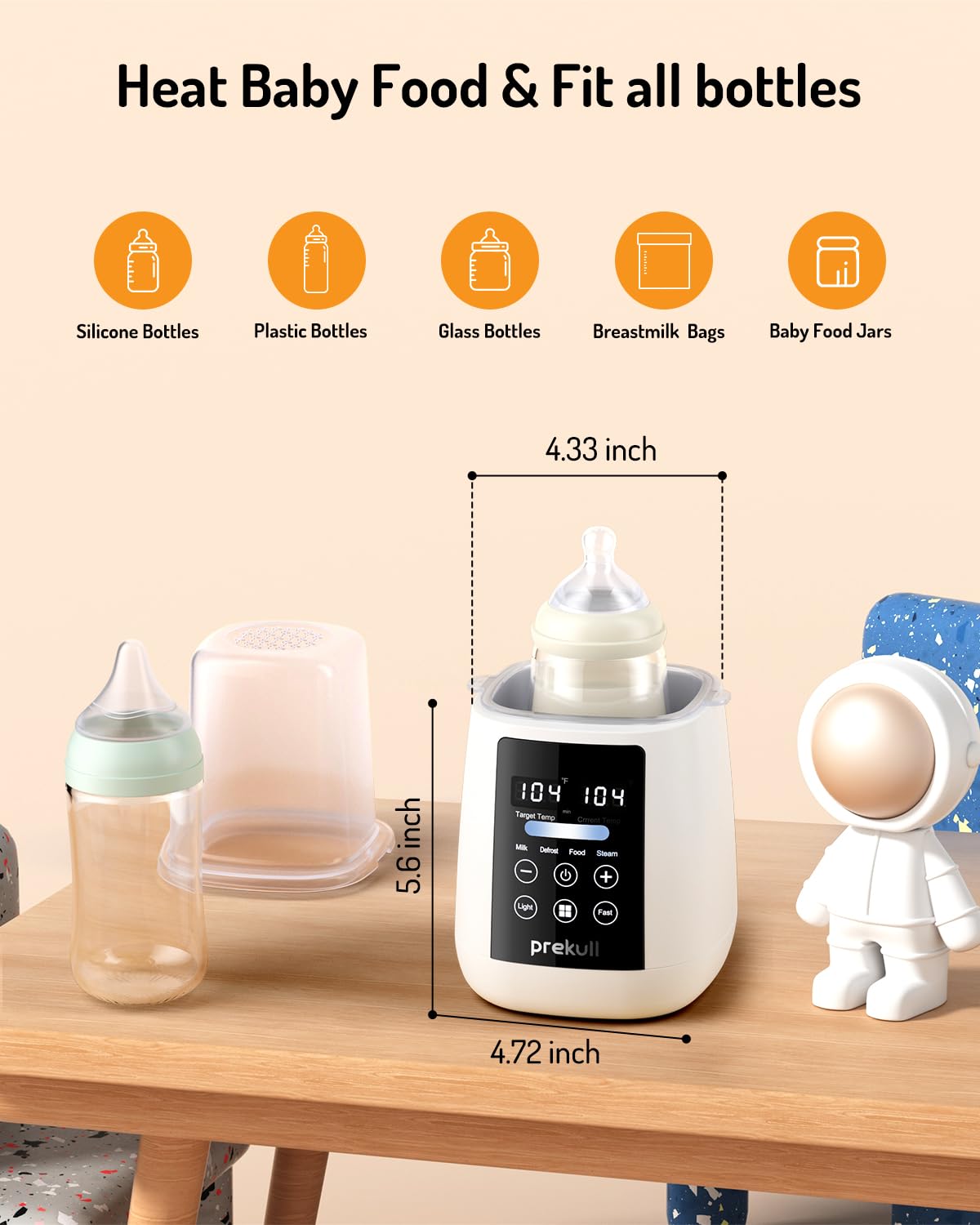 Bottle Warmer, prekull Fast Baby Bottle Warmer for Breastmilk, Formula with Accurate Temp Control, 48H Thermostat Baby Milk Warmer with Thaw, Night Light, Bottle Warmers for All Bottles