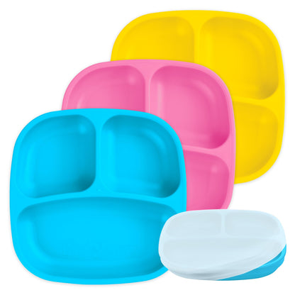 Re-Play Made in USA 7" Deep Walled Divided Plates for Kids, Set of 3 Without Lid - Reusable 3 Compartment Plates, Dishwasher and Microwave Safe - 7.37" x 7.37" x 1.25", Modern Aqua