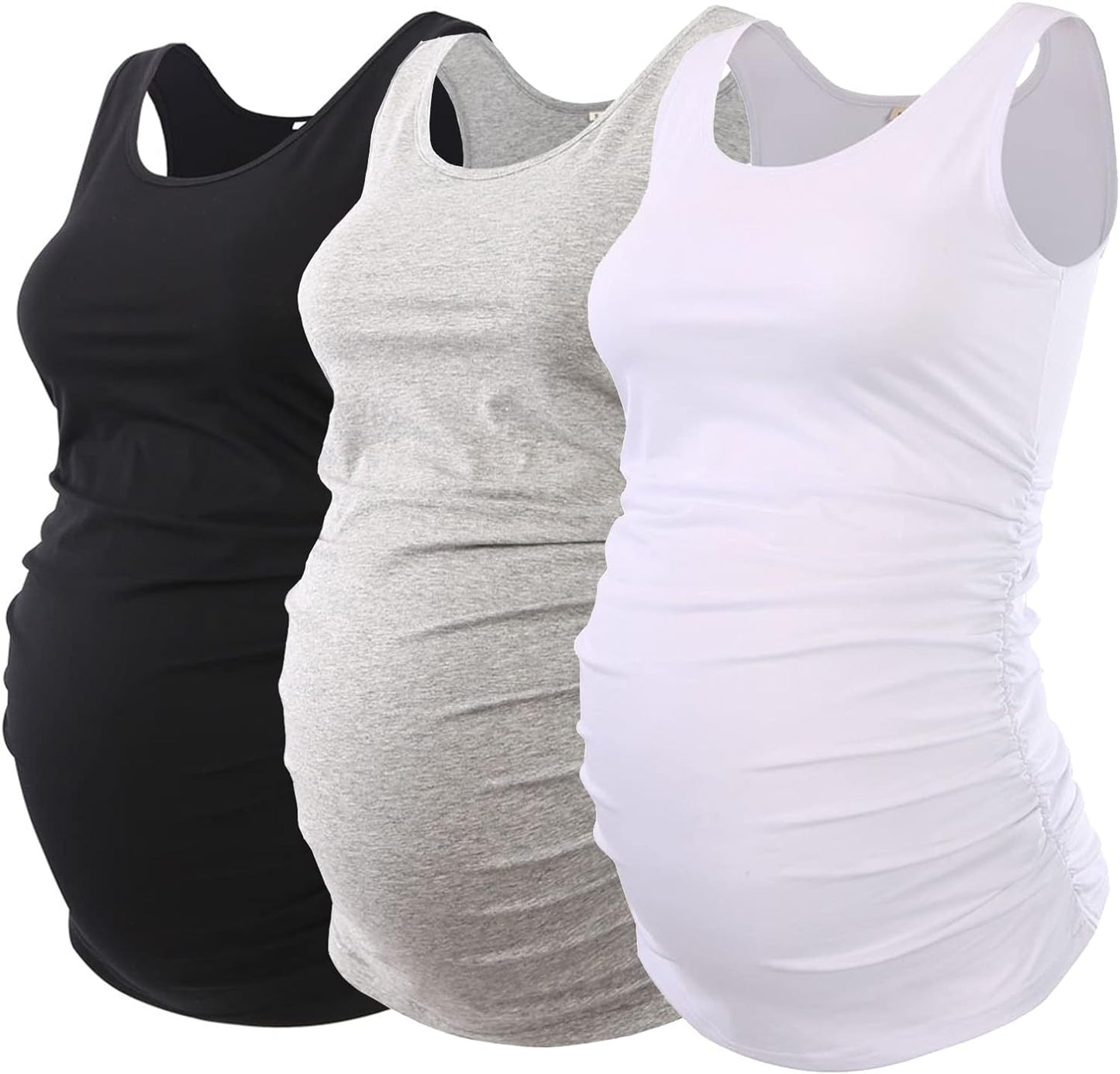 Ecavus 3PCS Womens Layering Maternity Tank Top Pregnancy Shirt Scoop Neck Sleeveless Ruched Vest