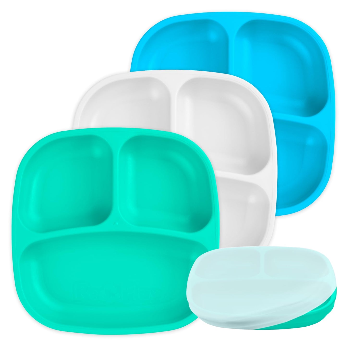 Re-Play Made in USA 7" Deep Walled Divided Plates for Kids, Set of 3 Without Lid - Reusable 3 Compartment Plates, Dishwasher and Microwave Safe - 7.37" x 7.37" x 1.25", Modern Aqua