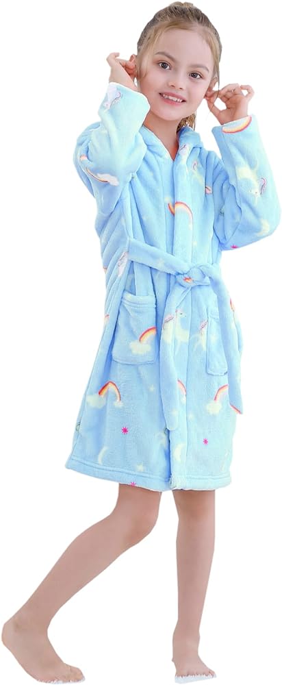 Umeyda Girls Fleece Hooded Robes, Warm Printed Bath Robe for Kids Soft Fuzzy Bathrobe for Gifts, 1-12 Years