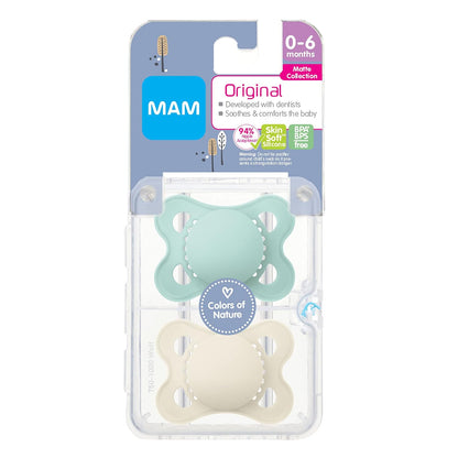 MAM Original Matte Baby Pacifier, Nipple Shape Helps Promote Healthy Oral Development, Sterilizer Case, 2 Pack, 0-6 Months, Unisex,2 Count (Pack of 1)