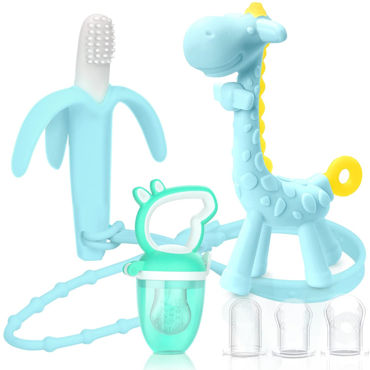 SHARE&CARE BPA Free Silicone Giraffe Baby Teether Toy with Storage Case, for 3 Months Above Infant Sore Gums Pain Relief and Baby Shower, Baby Teething Toys (Blue)